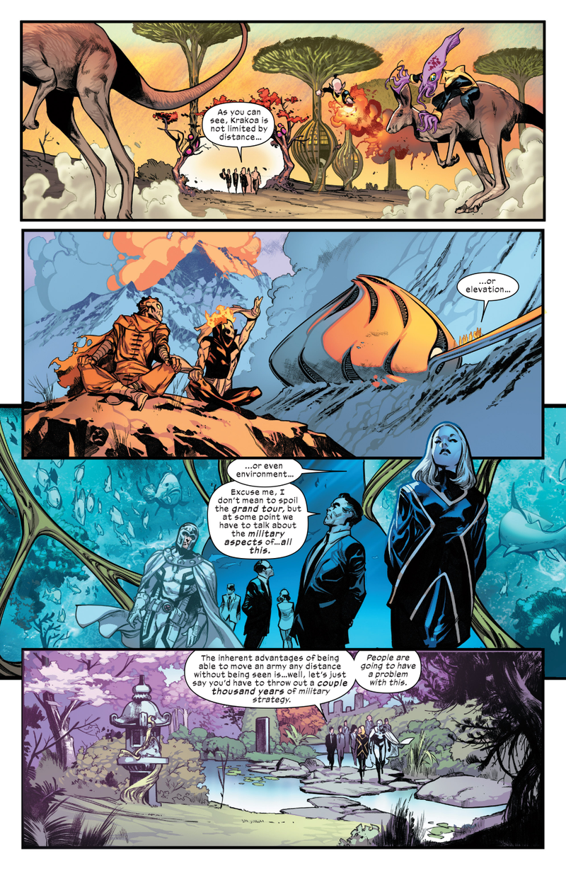 Esme of the Stepford Cuckoos giving a tour of Krakoa.
